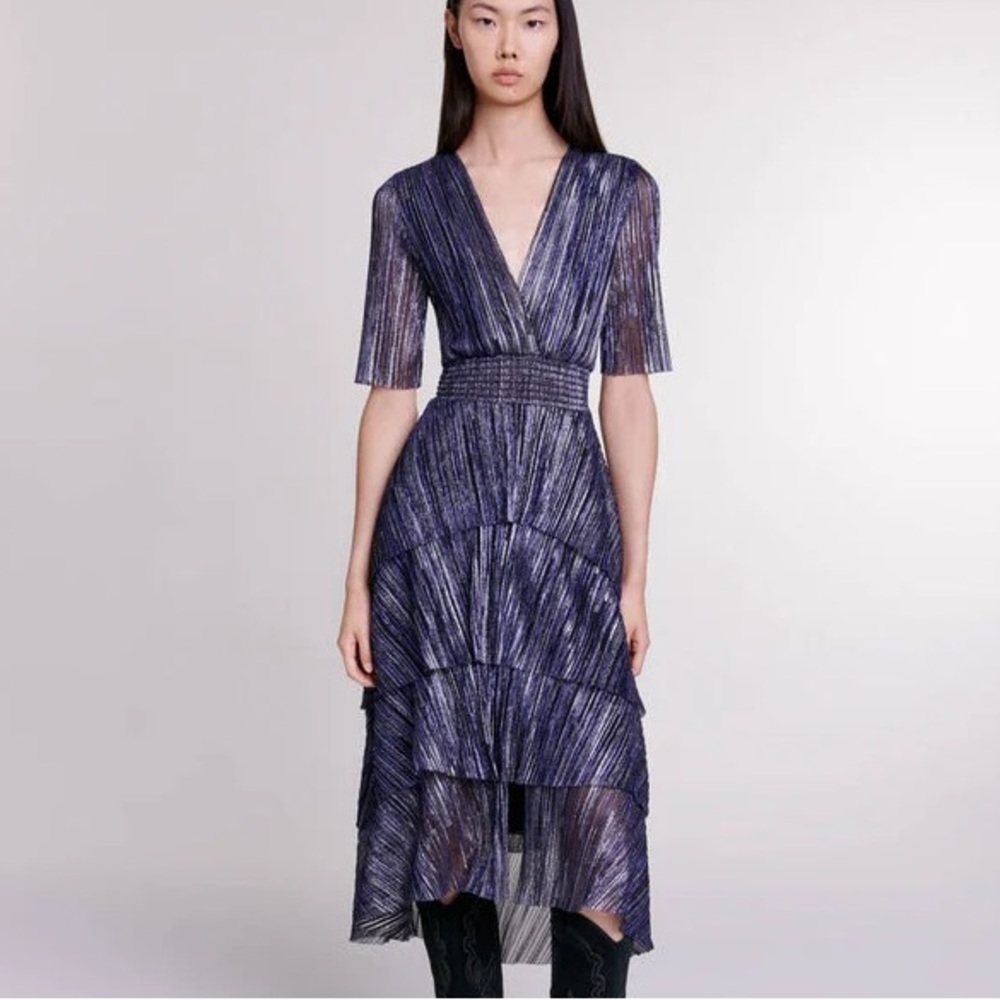 Maje Paris Full Lamé Dress with Ruffles Silver and Blue Sheer Back